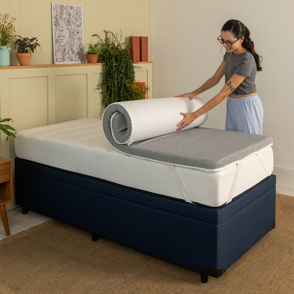 Pillow Top Solteiro King Guldi Dream com Espuma D50 Viscoelástica com Alça (5x96x203) Branco e Cinza