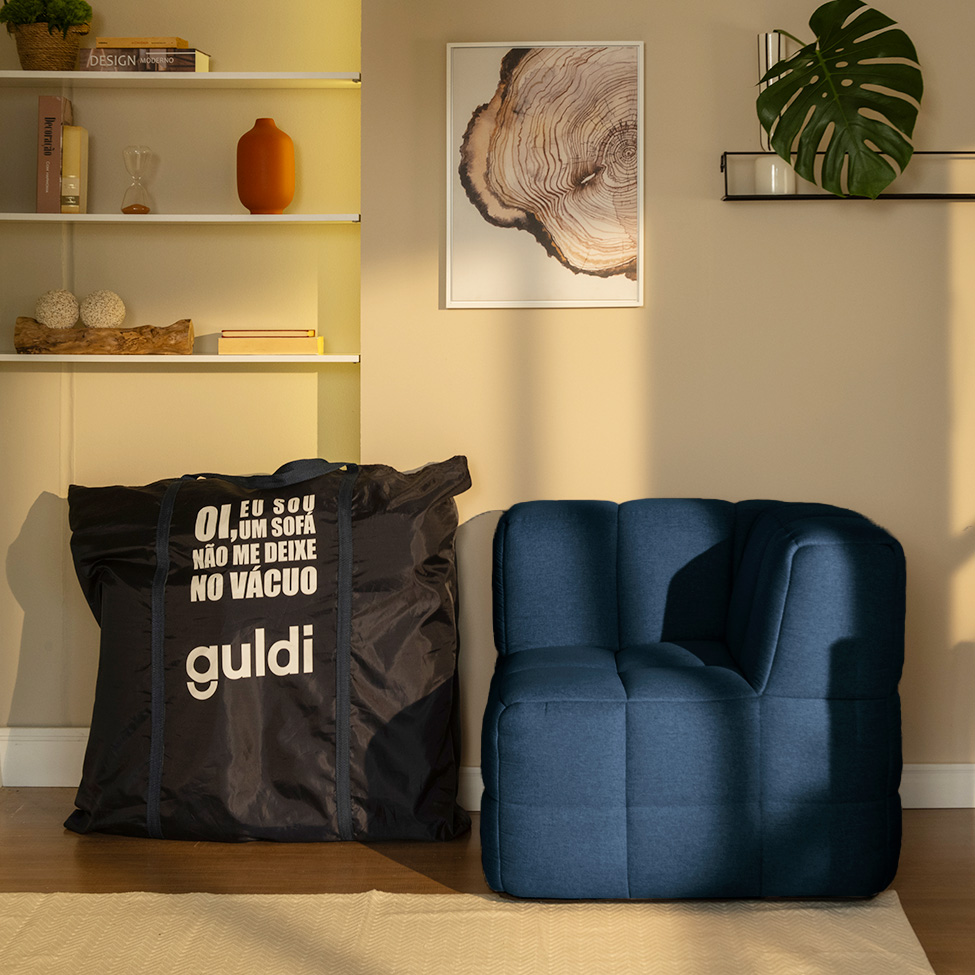 Sofá Guldi Popup com Módulo Canto Central e Puff Linho Azul