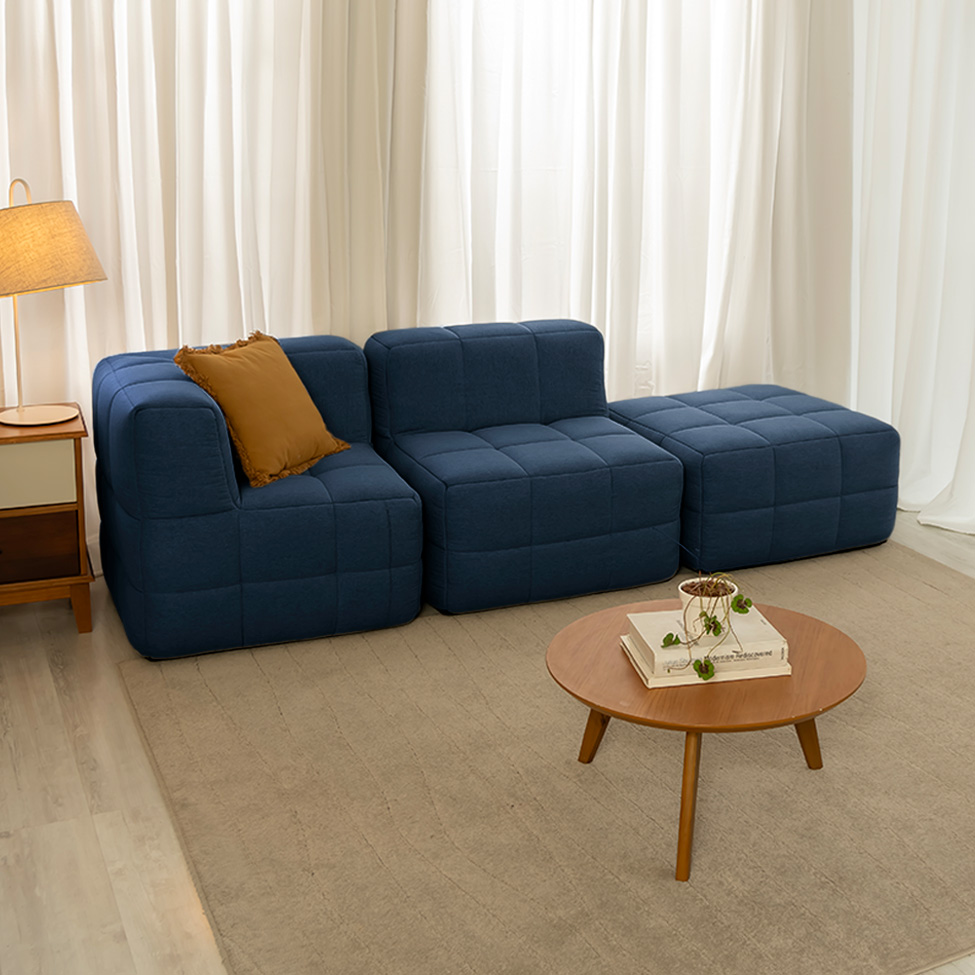Sofá Guldi Popup com Módulo Canto Central e Puff Linho Azul