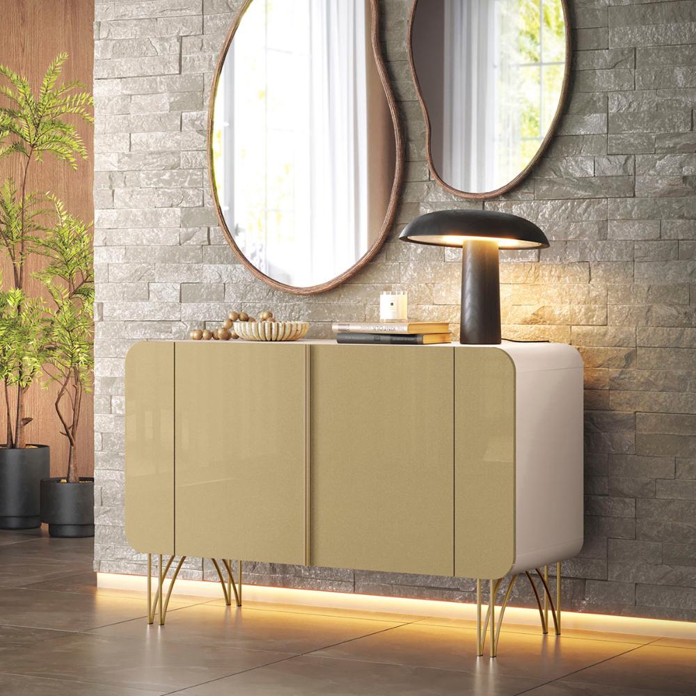 Aparador Buffet Sala Benvenuto Com 2 Portas e Pés em Aço Off White/Champanhe