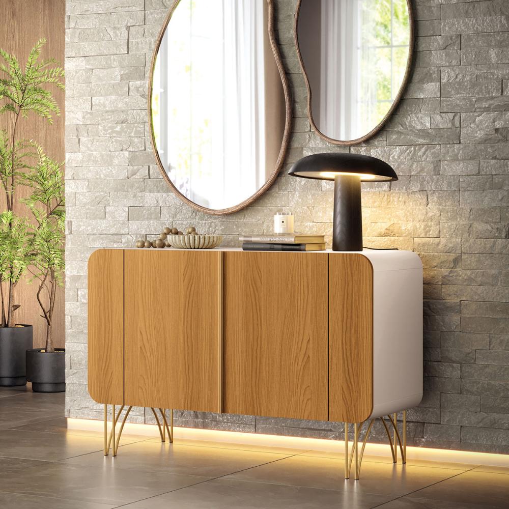 Aparador Buffet Sala Benvenuto Com 2 Portas e Pés em Aço Off White/Cinamomo