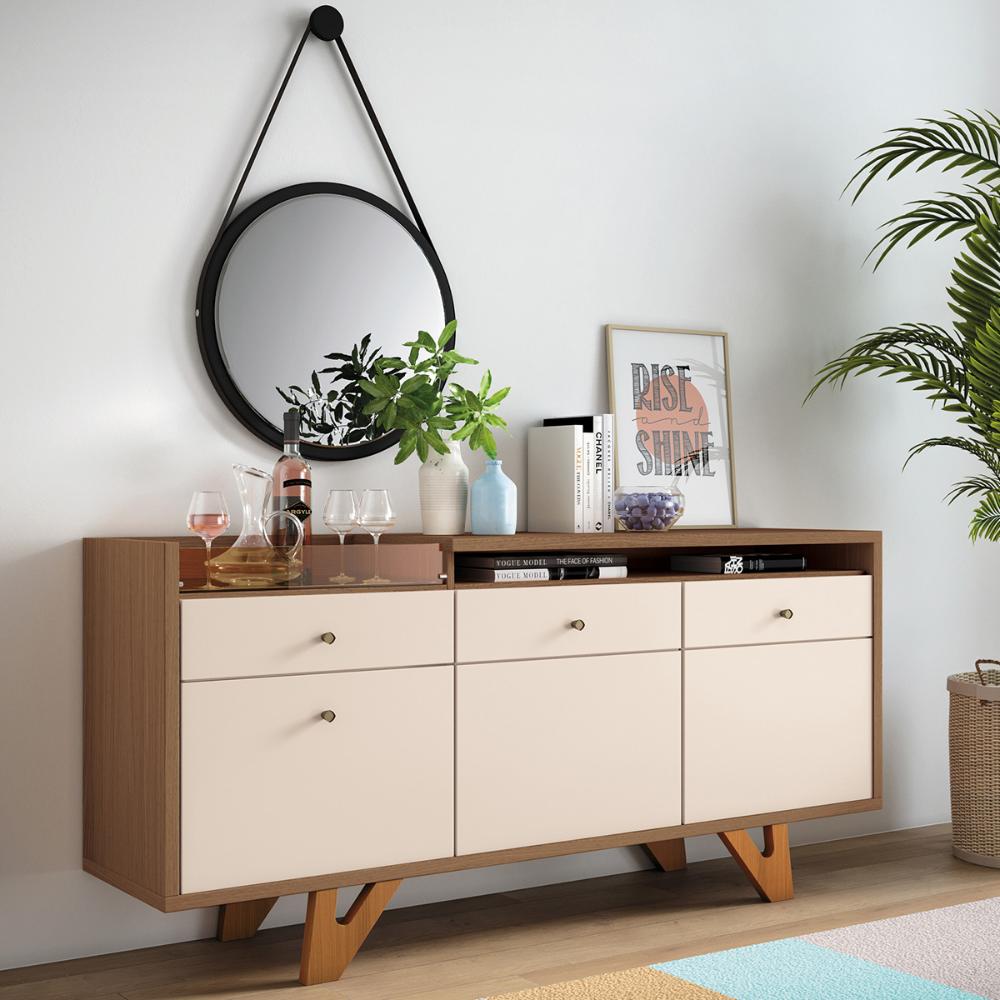 Aparador Buffet Sala Sollare Com Pés Madeira Maciça Castanho/Off White