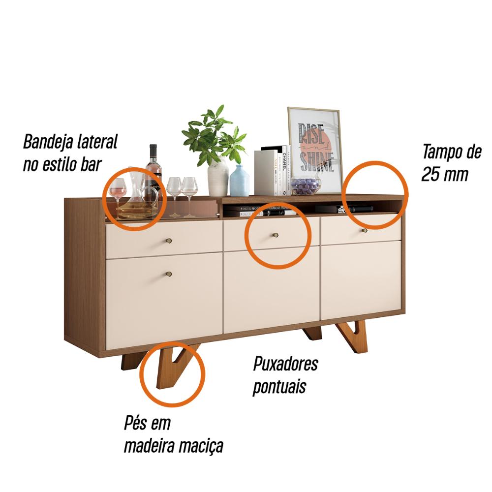 Aparador Buffet Sala Sollare Com Pés Madeira Maciça Castanho/Off White