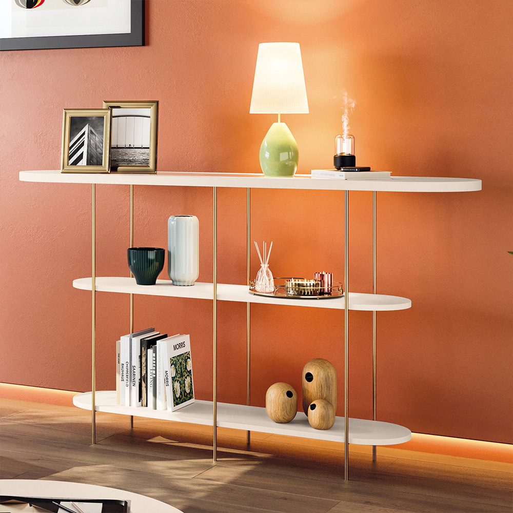 Aparador Decorativo Sala de Estar Infinity Tampo em Vidro e Pés em Aço Off White G26 - Hb Móveis