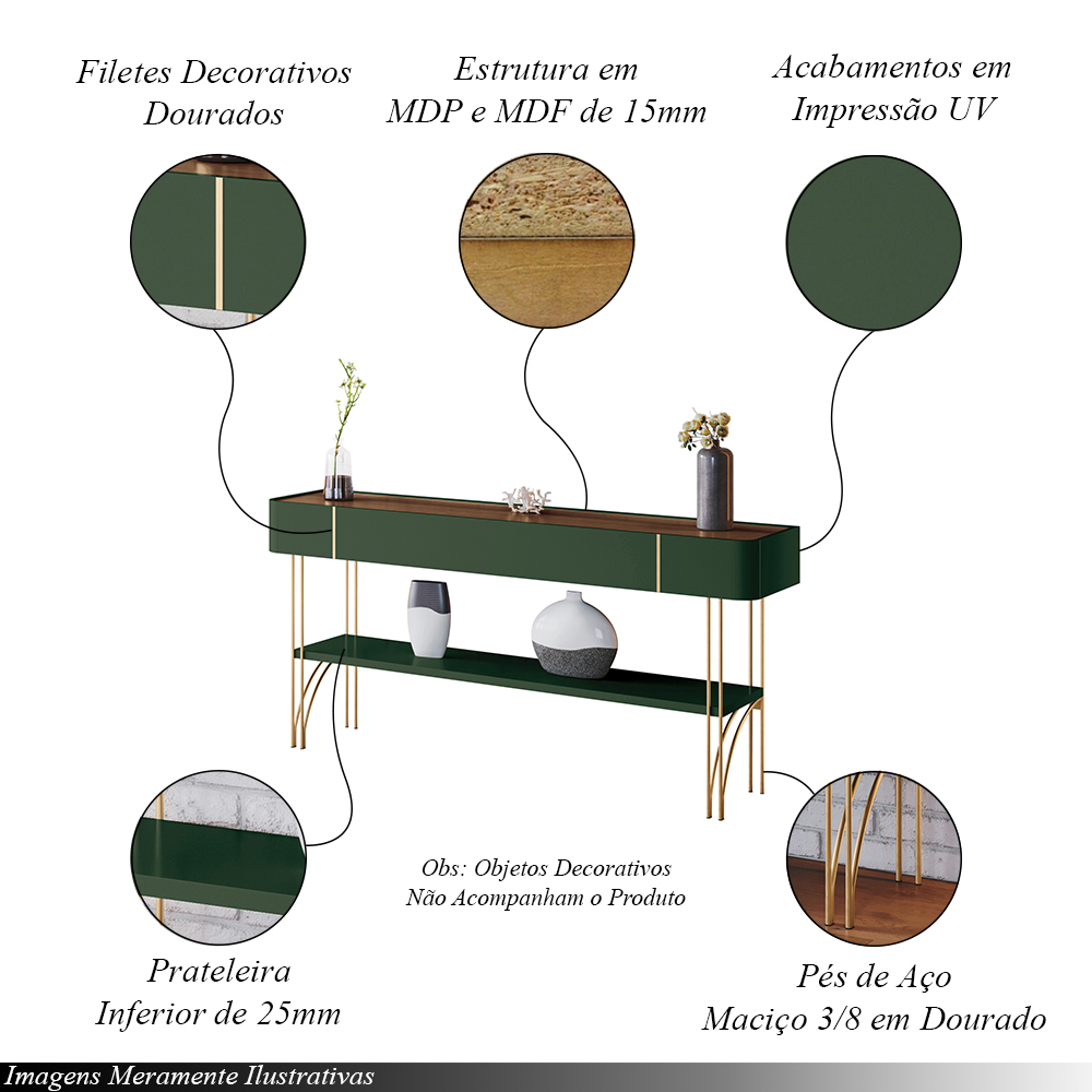 Aparador Decorativo Vivant com Pés em Aço MDP/MDF Verde Pistache/Castanho G26 - Hb Móveis