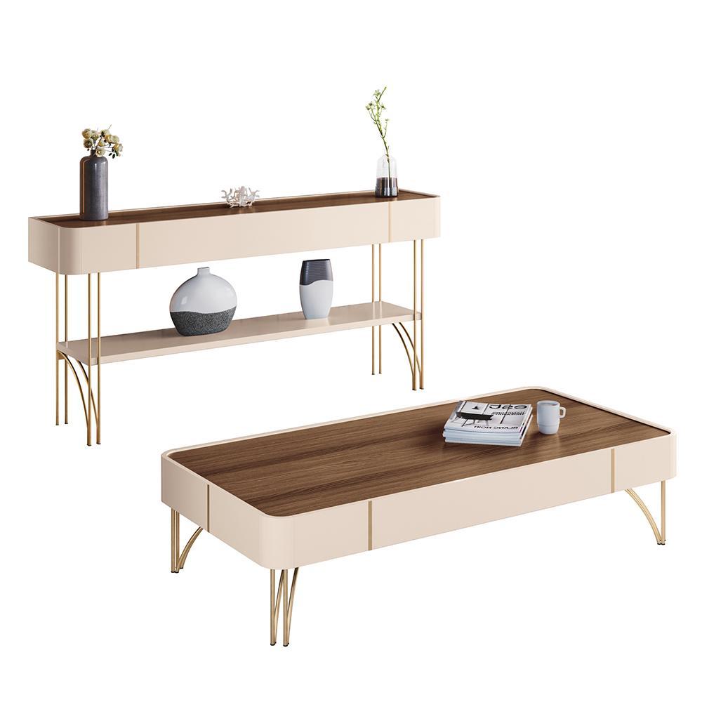 Aparador Vivant e Mesa de Centro Cadenza Off White/Castanho - HB Móveis