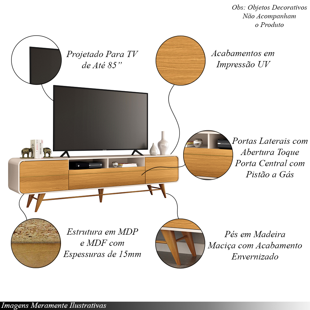 Bancada Época com Pés em Madeira TV até 85 Polegadas Off White/Cinamomo G26 - Hb Móveis