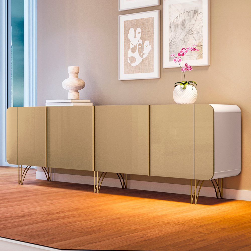 Buffet Decorativo Puxadores em Alumínio Pés em Aço Saluti Off White/Champagne G26 - HB Móveis