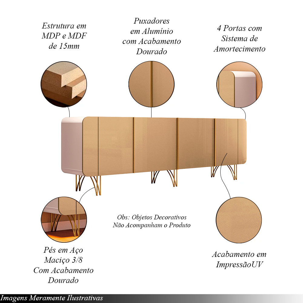 Buffet Decorativo Puxadores em Alumínio Pés em Aço Saluti Off White/Champagne G26 - HB Móveis