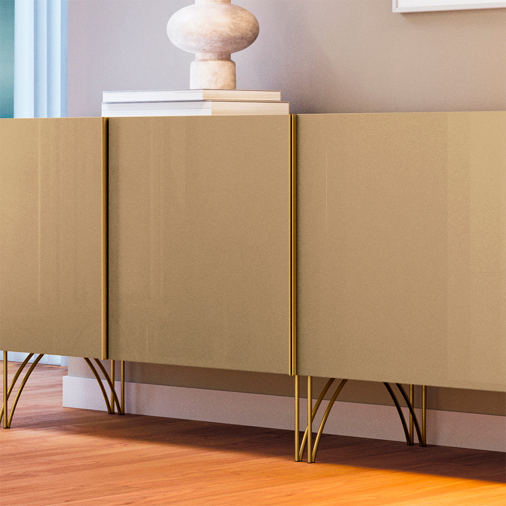 Buffet Decorativo Puxadores em Alumínio Pés em Aço Saluti Off White/Champagne G26 - HB Móveis