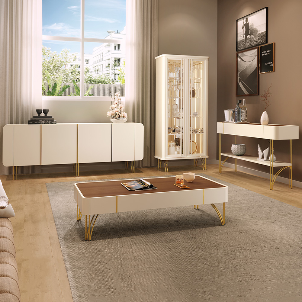 Conjunto 1 Cristaleira 1 Buffet 1 Aparador e 1 Mesa de Centro Évora/Saluti/Cadenza/Vivant Off White/Castanho G26 - HB Móveis