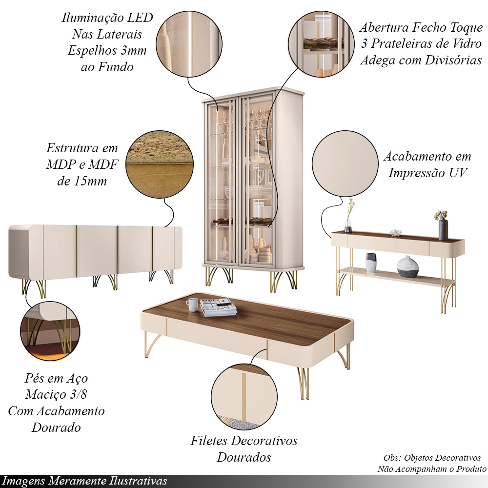 Conjunto 1 Cristaleira 1 Buffet 1 Aparador e 1 Mesa de Centro Évora/Saluti/Cadenza/Vivant Off White/Castanho G26 - HB Móveis