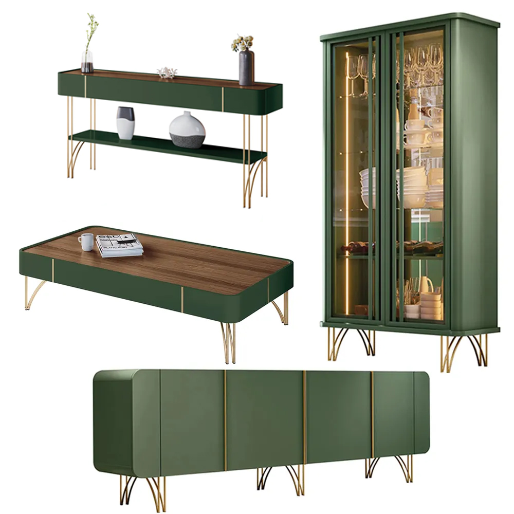 Conjunto 1 Cristaleira 1 Buffet 1 Aparador e 1 Mesa de Centro Évora/Saluti/Cadenza/Vivant Verde/Castanho G26 - HB Móveis