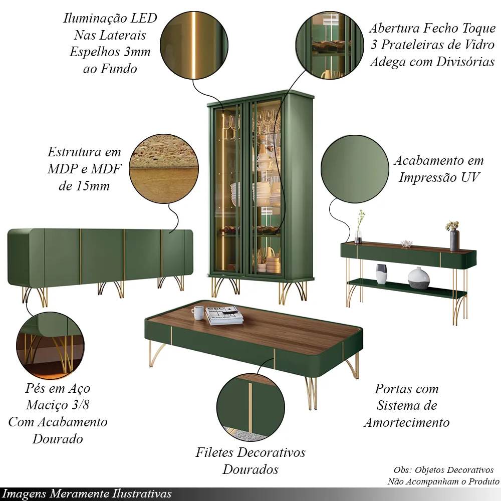 Conjunto 1 Cristaleira 1 Buffet 1 Aparador e 1 Mesa de Centro Évora/Saluti/Cadenza/Vivant Verde/Castanho G26 - HB Móveis