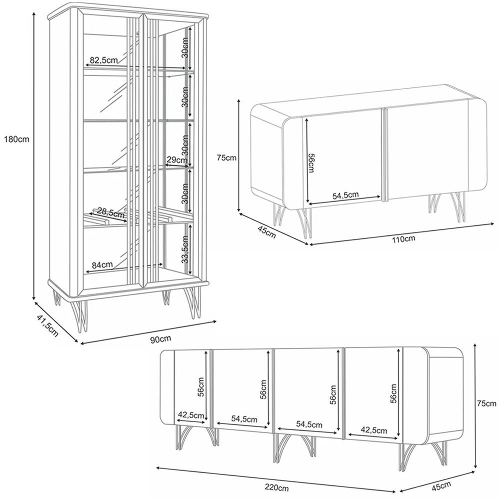 Conjunto 1 Cristaleira e 2 Buffets Évora/Saluti/Benvenuto Off White/Cinamomo G26 - HB Móveis