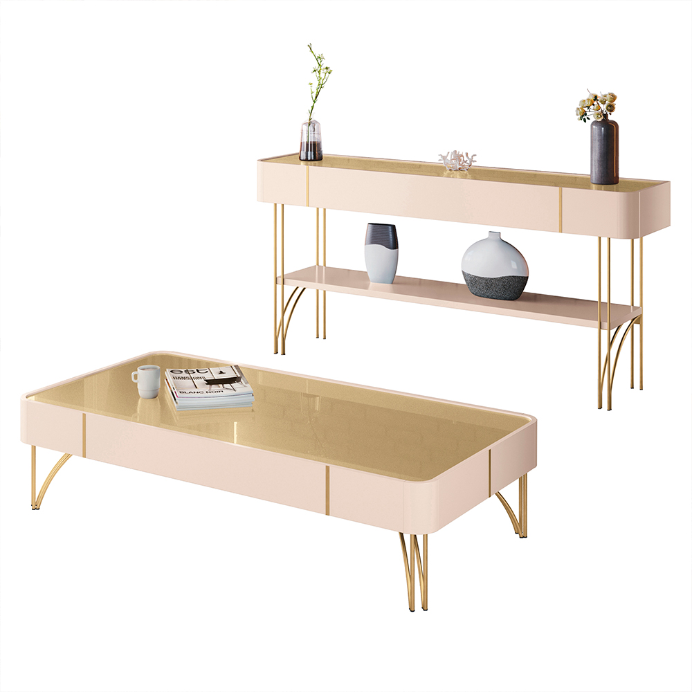Conjunto Aparador Decorativo MDP/MDF e Mesa de Centro Vivant/Cadenza Off White/Champagne G26 - HB Móveis