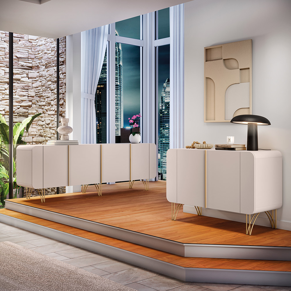 Conjunto Buffets Sala de Estar Benvenuto/Saluti MDP/MDF Pés em Aço Off White G26 - HB Móveis