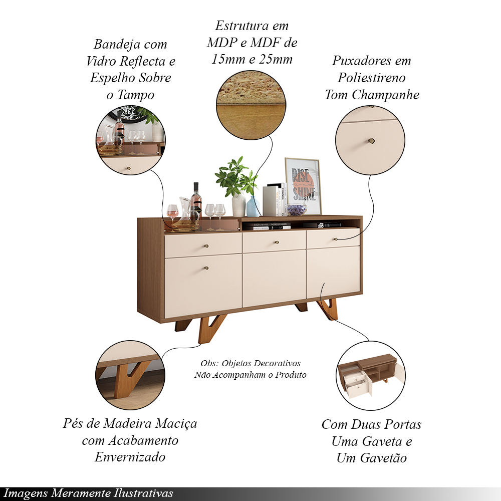 Conjunto Cristaleira Adega e Buffet Aparador MDP/MDF Ópera/Sollare Off White/Castanho G26 - HB Móveis