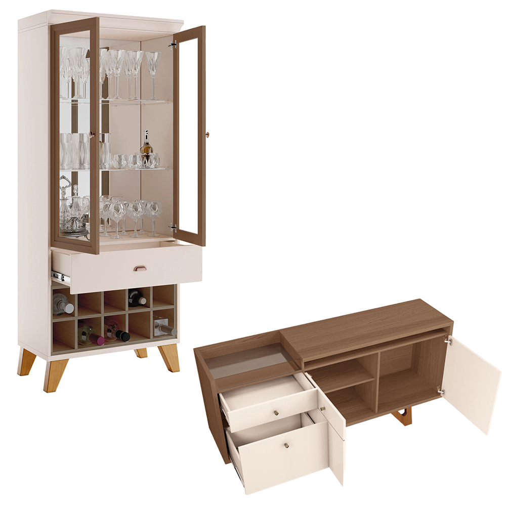 Conjunto Cristaleira Adega e Buffet Aparador MDP/MDF Ópera/Sollare Off White/Castanho G26 - HB Móveis