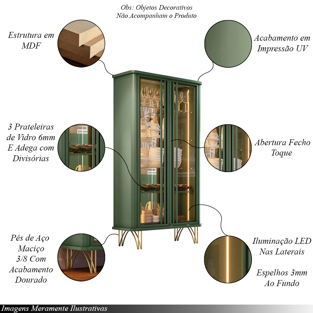 Conjunto Decorativo 1 Cristaleira e 2 Buffets Évora/Saluti/Benvenuto Verde Pistache G26 - HB Móveis