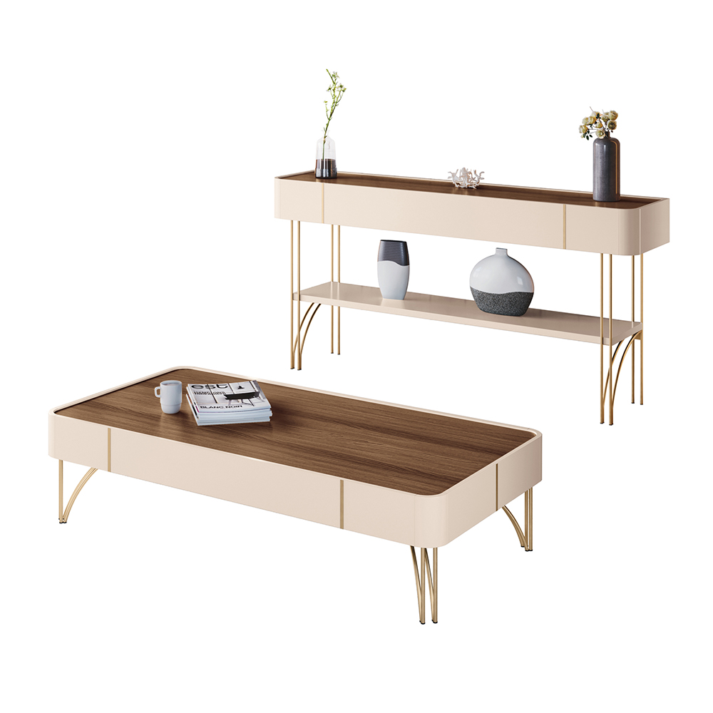 Conjunto Decorativo Aparador MDP/MDF e Mesa de Centro Vivant/Cadenza Off White/Castanho G26 - HB Móveis