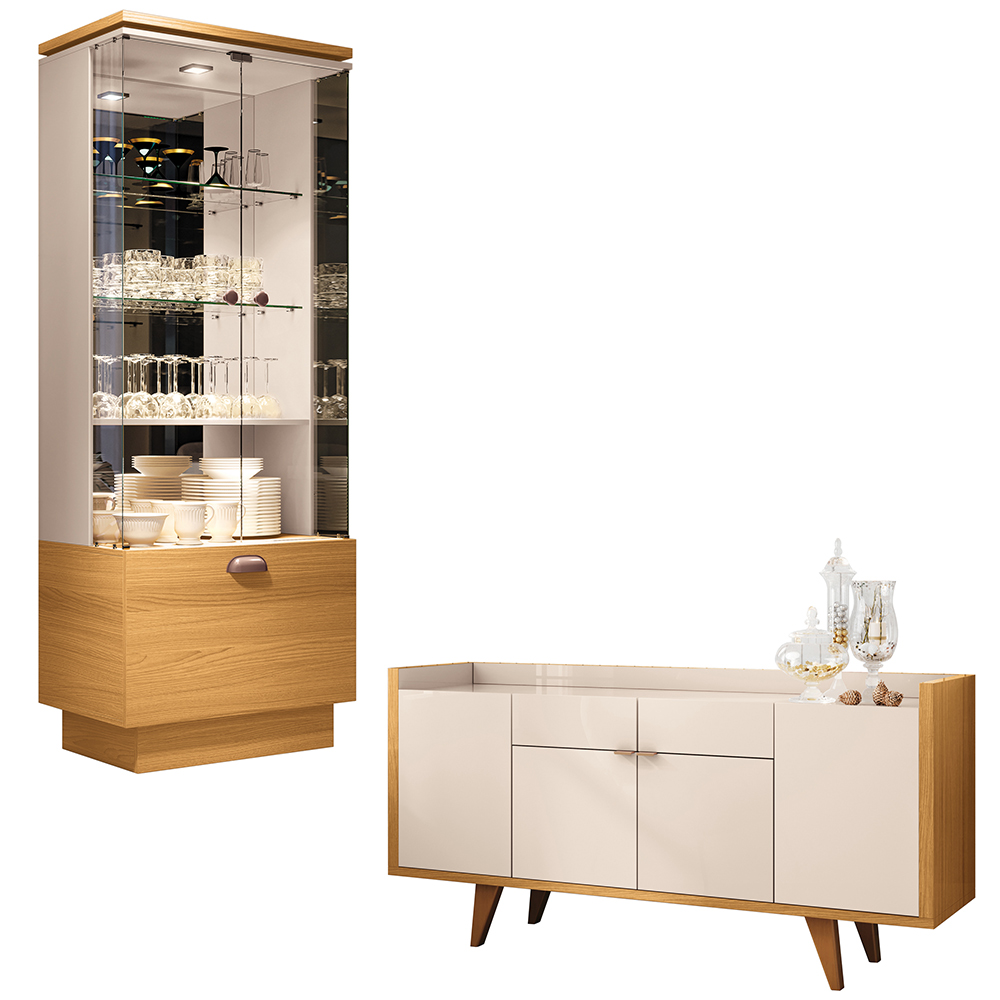 Conjunto Decorativo Cristaleira e Buffet Aparador Aura/Melodia Off White/Cinamomo G26 - HB Móveis