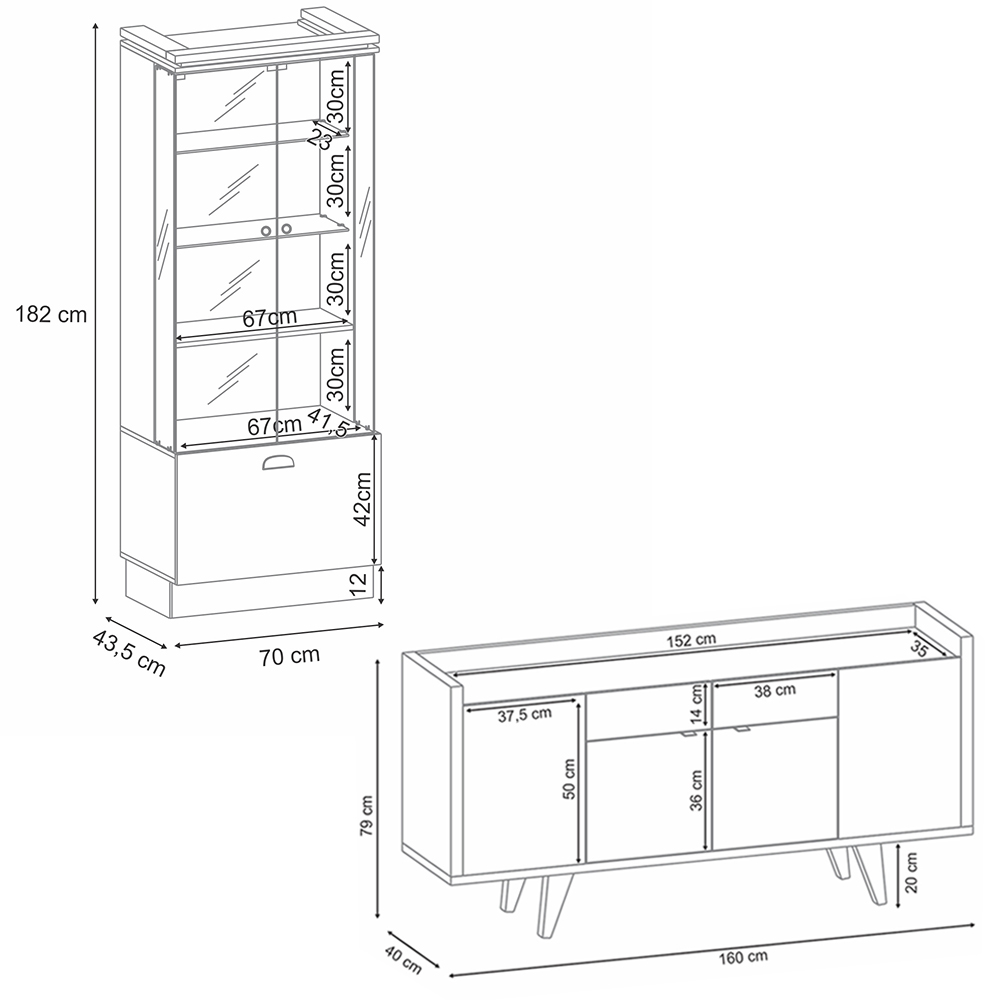 Conjunto Decorativo Cristaleira e Buffet Aparador Aura/Melodia Off White/Cinamomo G26 - HB Móveis