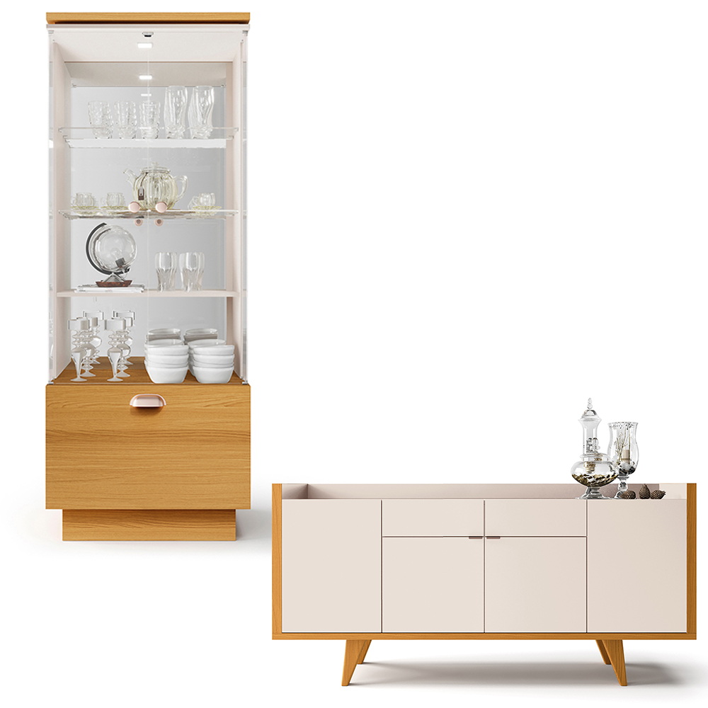 Conjunto Decorativo Cristaleira e Buffet Aparador Aura/Melodia Off White/Cinamomo G26 - HB Móveis