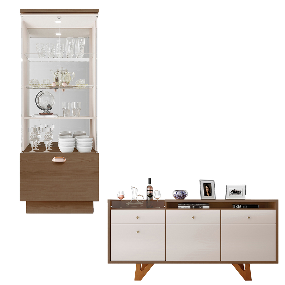 Conjunto Decorativo Cristaleira e Buffet Aparador Aura/Sollare Off White/Castanho G26 - HB Móveis