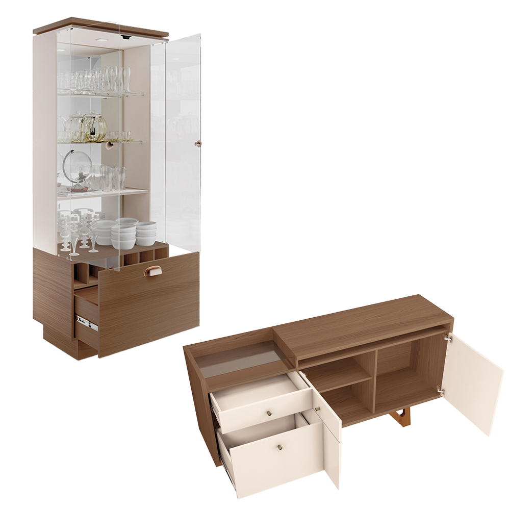 Conjunto Decorativo Cristaleira e Buffet Aparador Aura/Sollare Off White/Castanho G26 - HB Móveis
