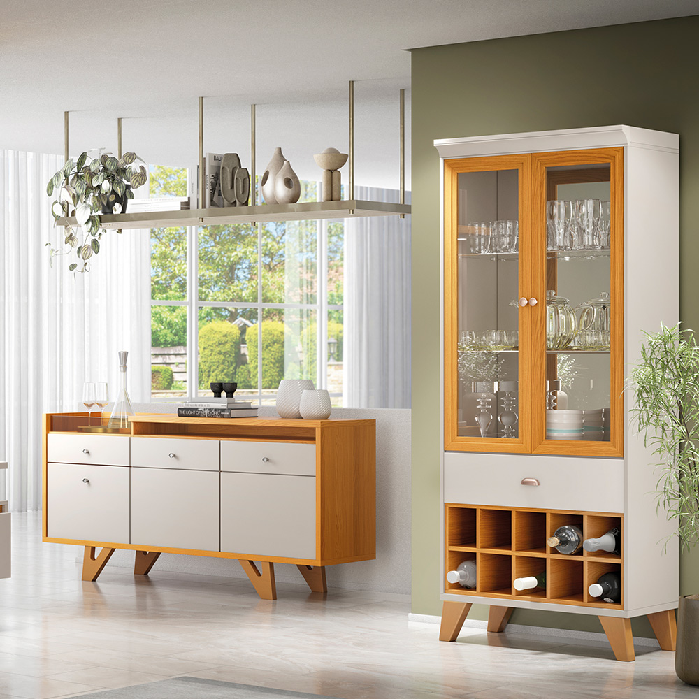 Conjunto Decorativo Cristaleira e Buffet Aparador Ópera/Sollare Off White/Cinamomo G26 - HB Móveis