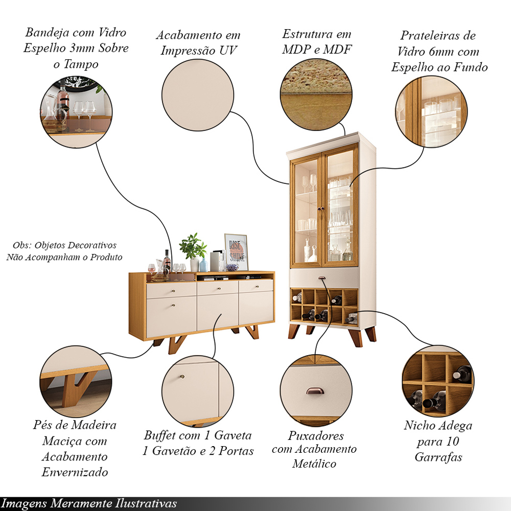 Conjunto Decorativo Cristaleira e Buffet Aparador Ópera/Sollare Off White/Cinamomo G26 - HB Móveis