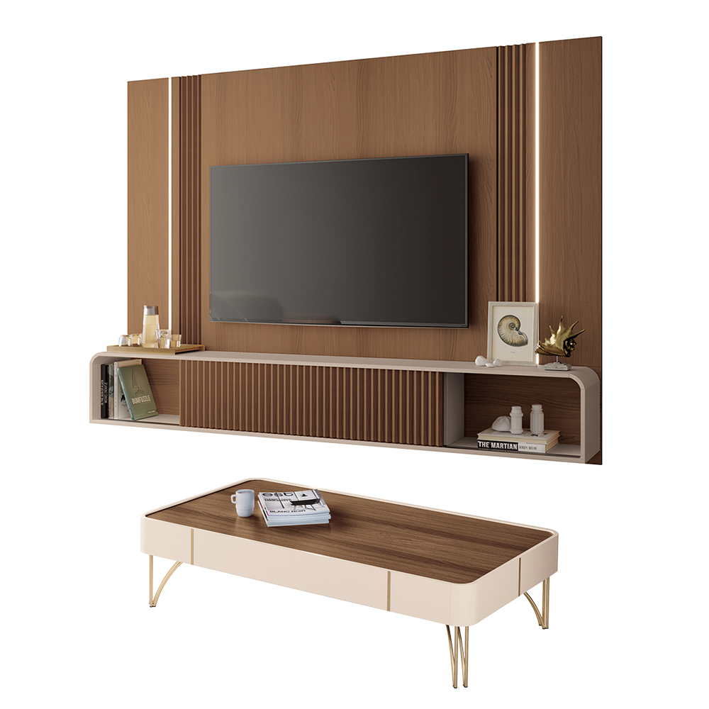 Conjunto Home Suspenso c/LED e Mesa de Centro Empire/Cadenza MDF/MDP Off White/Castanho G26 - HB Móveis