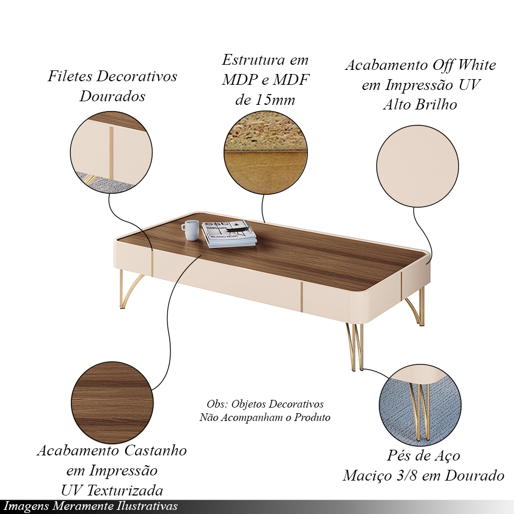 Conjunto Home Suspenso c/LED e Mesa de Centro Empire/Cadenza MDF/MDP Off White/Castanho G26 - HB Móveis