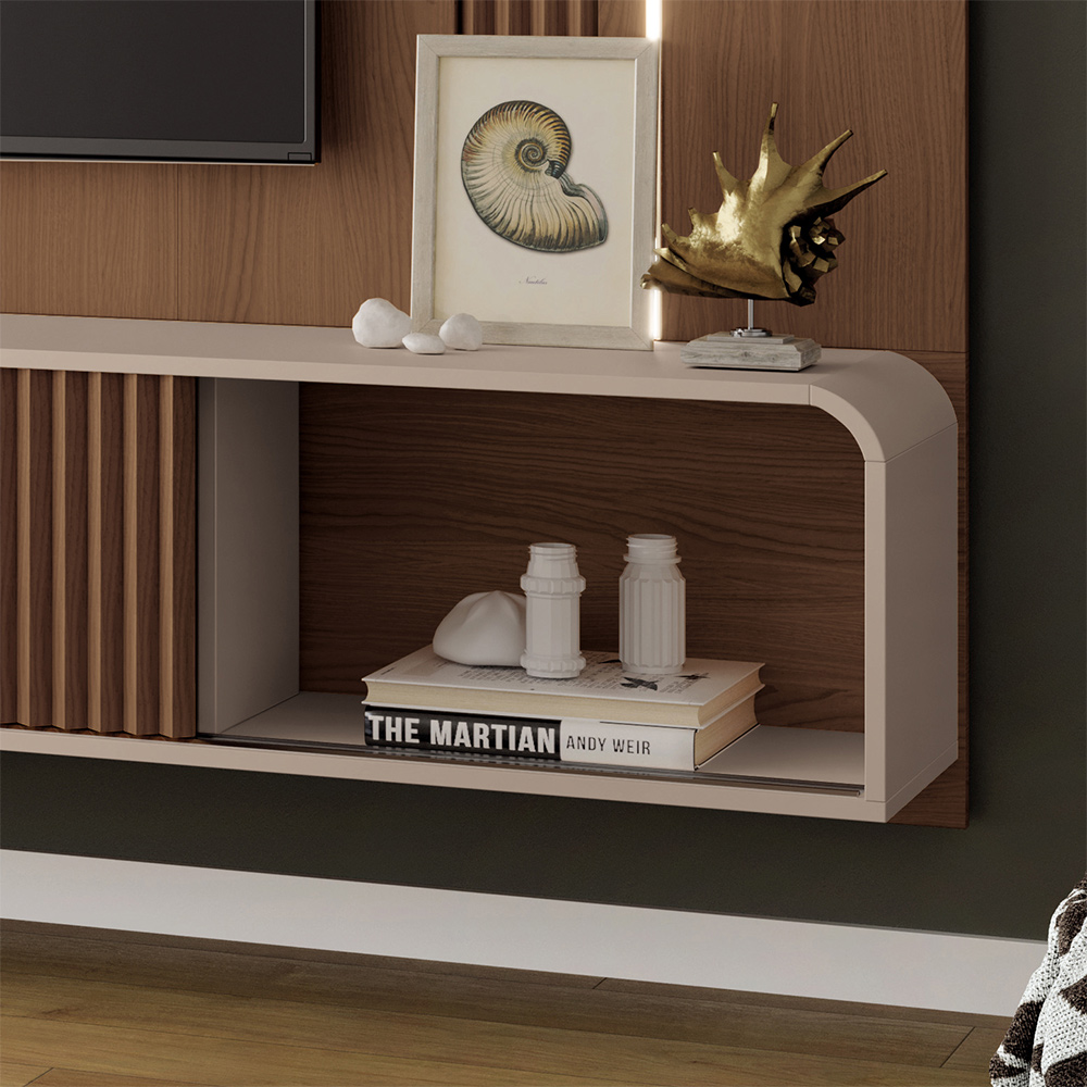 Conjunto Home Suspenso c/LED e Mesa de Centro Empire/Cadenza MDF/MDP Off White/Castanho G26 - HB Móveis