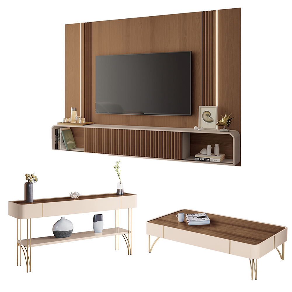Conjunto Home c/LED Aparador e Mesa de Centro Empire/Vivant/Cadenza MDF/MDP Off White/Castanho G26 - HB Móveis