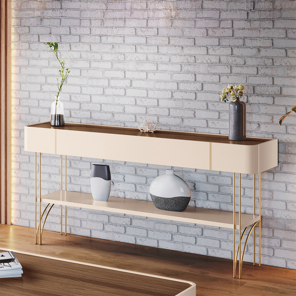 Conjunto Home c/LED Aparador e Mesa de Centro Empire/Vivant/Cadenza MDF/MDP Off White/Castanho G26 - HB Móveis