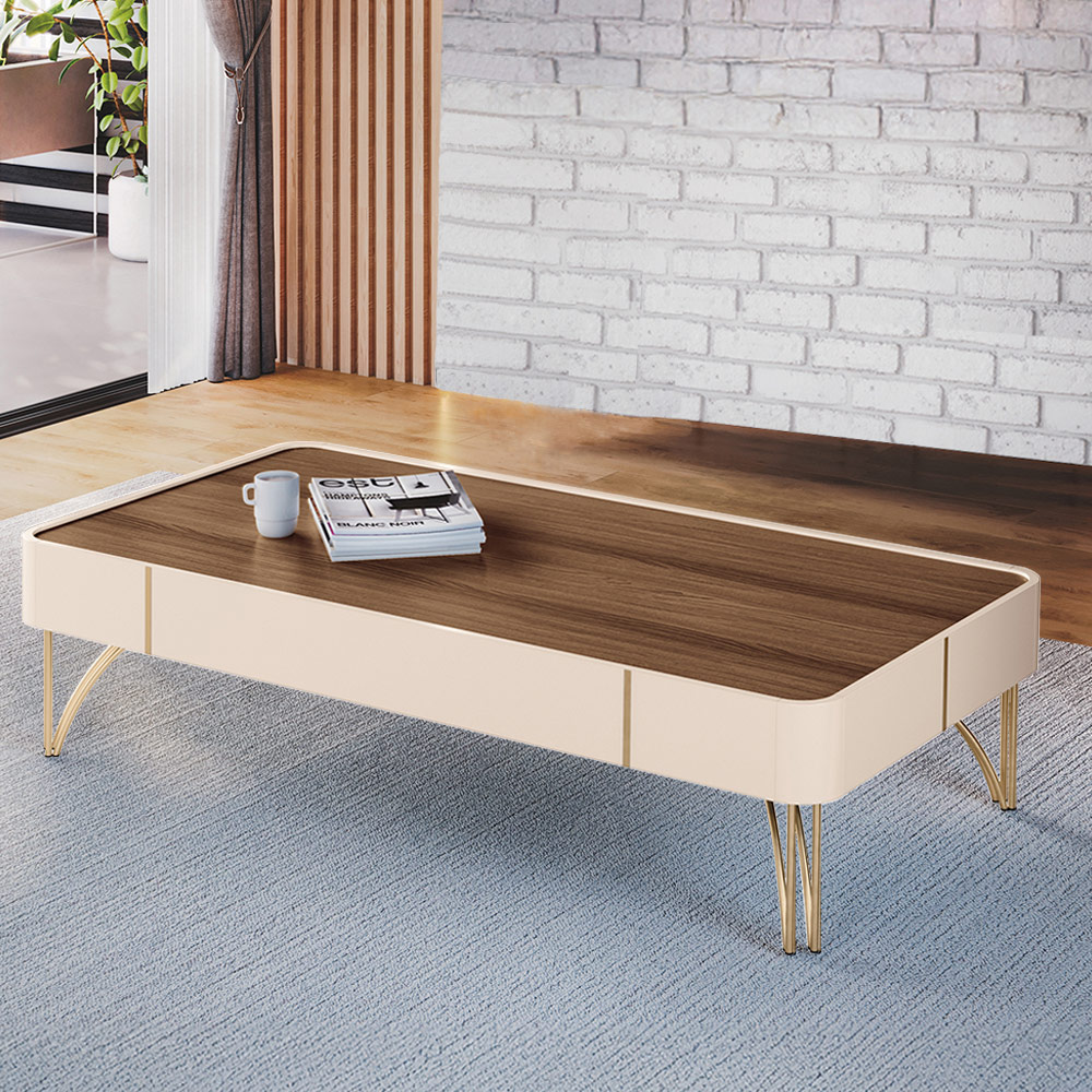 Conjunto Home c/LED Aparador e Mesa de Centro Empire/Vivant/Cadenza MDF/MDP Off White/Castanho G26 - HB Móveis