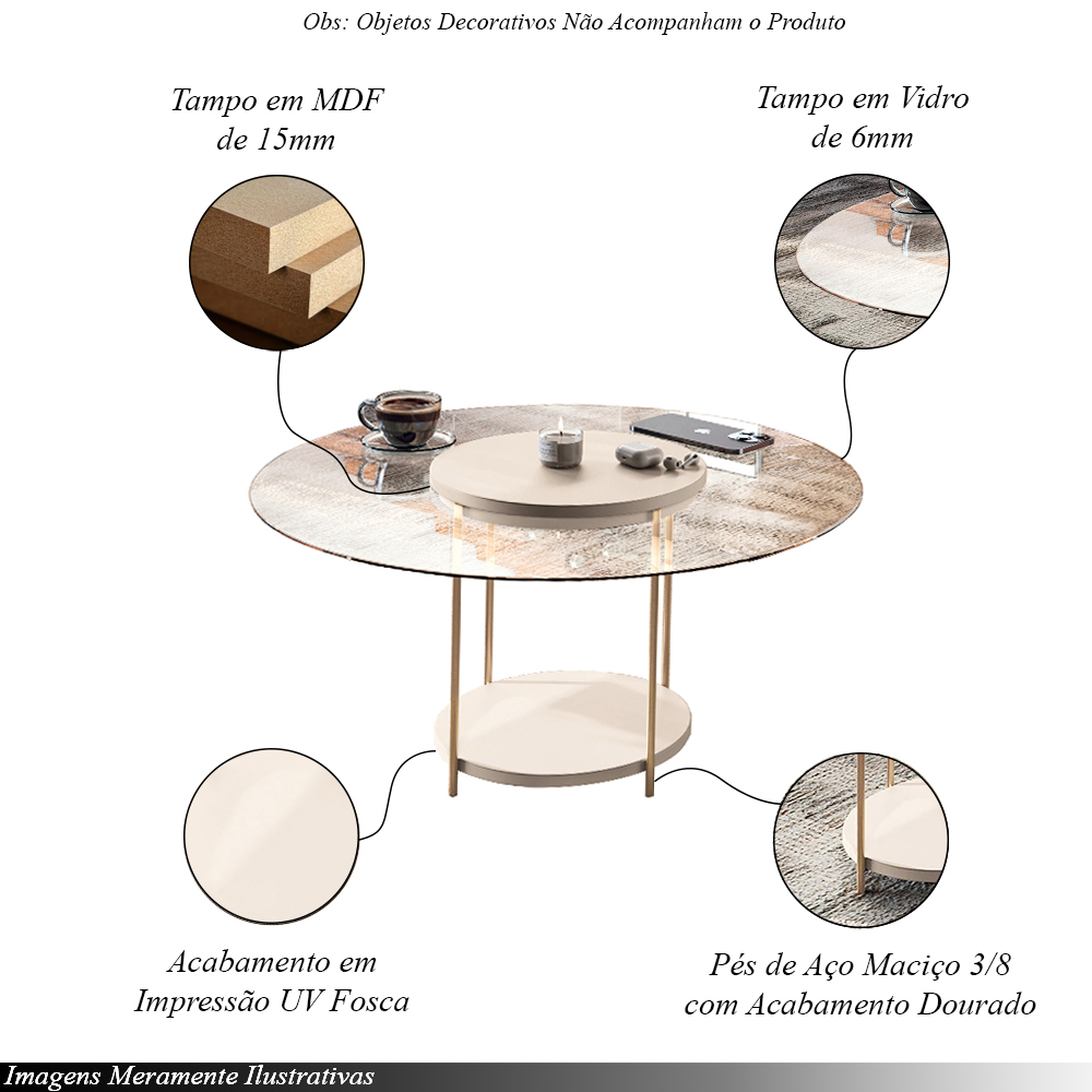 Conjunto Infinity Aparador e 2 Mesas Centro Sky Tampo MDF/Vidro Off White G26 - Hb Móveis