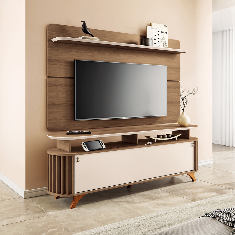 Conjunto Painel Curv para TV até 70 Polegadas e Bancada Alba Castanho/Off White G26 - Hb Móveis