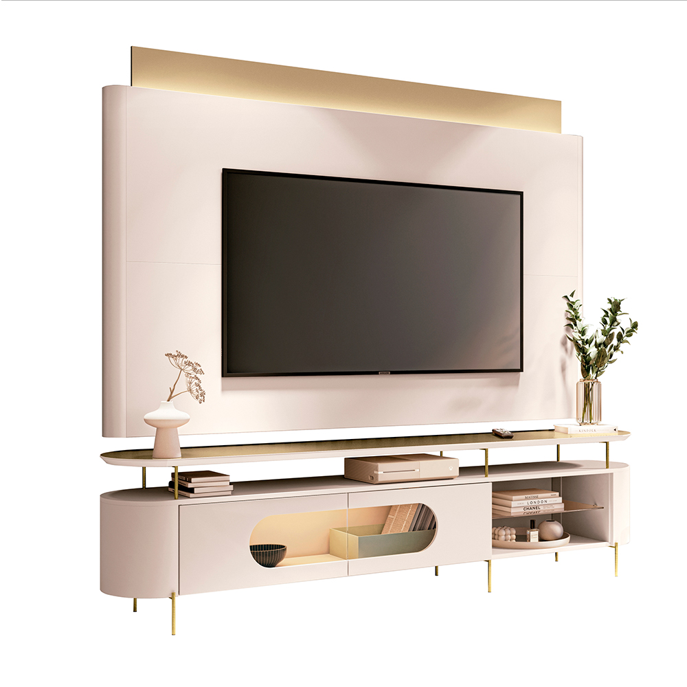 Conjunto Painel Nobre c/LED e Bancada Ária TV até 85 Polegadas Off White/Champagne G26 - HB Móveis
