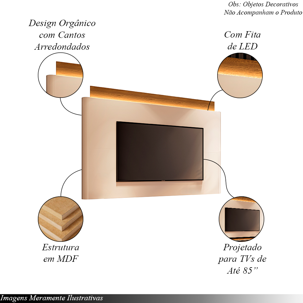 Conjunto Painel c/LED Nobre e Bancada Ária TV até 85 Polegadas Off White/Cinamomo G26 - HB Móveis