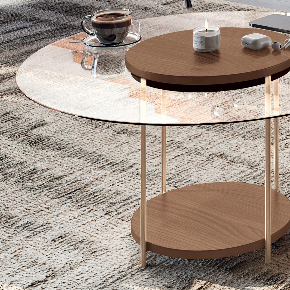 Conjunto Sky 2 Mesas Centro Tampo MDF/Vidro com Pés em Aço Castanho G26 - Hb Móveis
