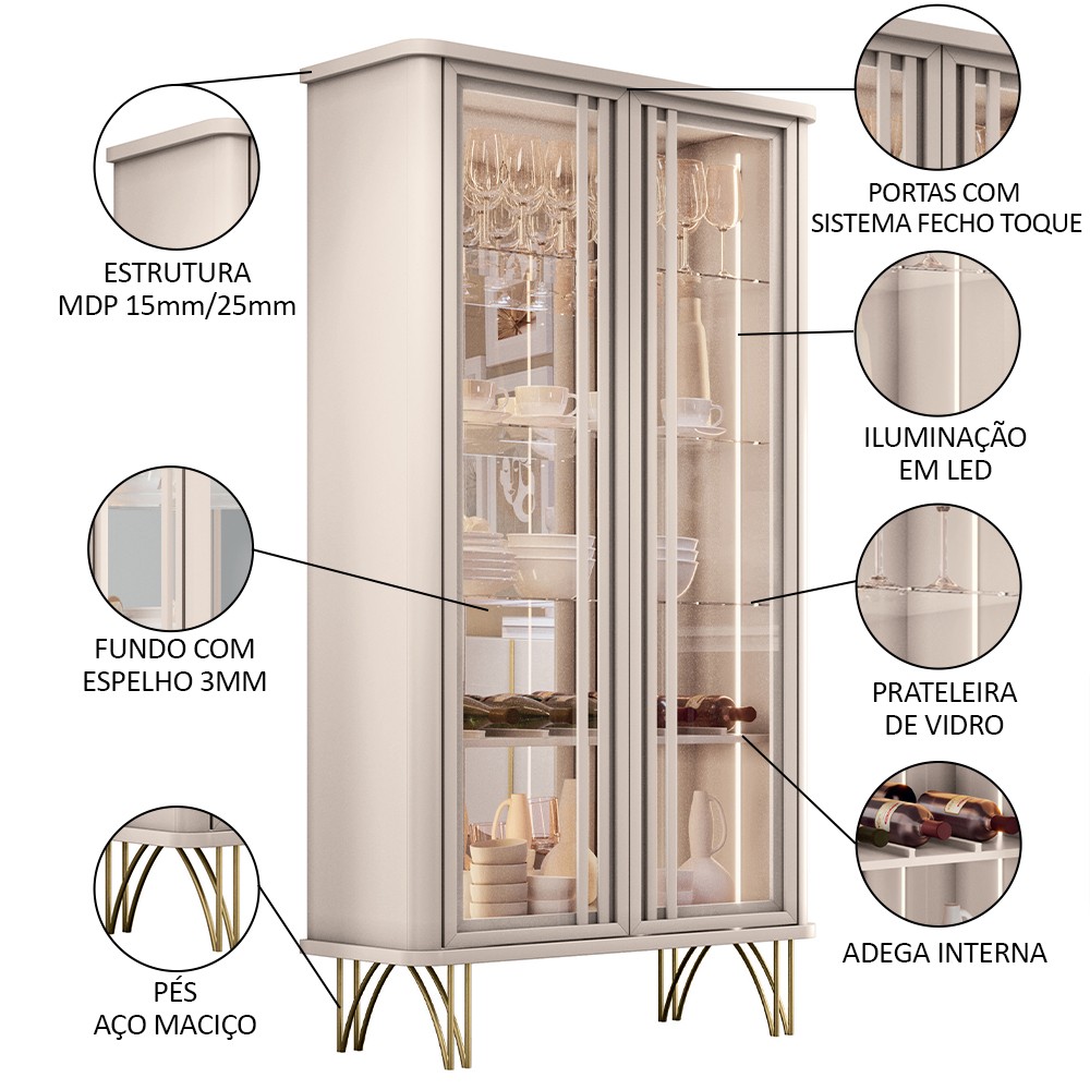 Cristaleira de Vidro com Espelho Alvora H01 Off White - Mpozenato