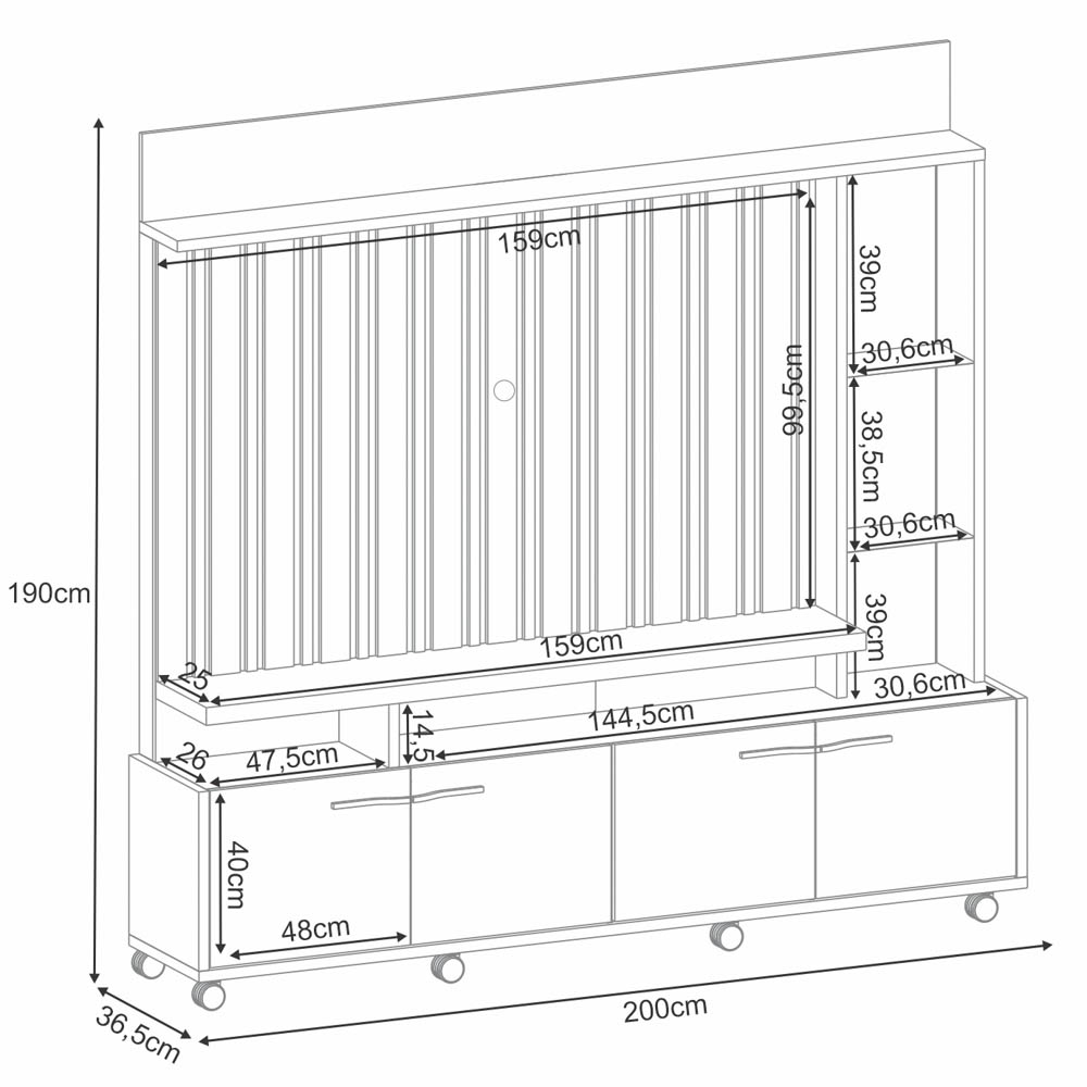 Estante Painel de TV 60 Pol 200cm Titan Off White/Cinamomo - HB Móveis