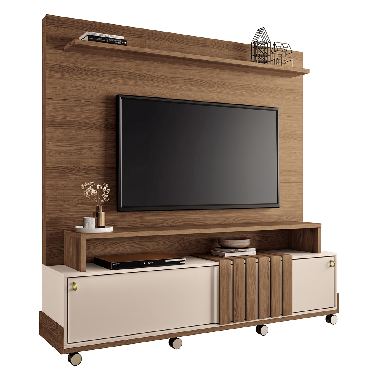 Estante Painel de TV 65 Pol 180cm 2 Portas Bold Castanho/Off White - HB Móveis