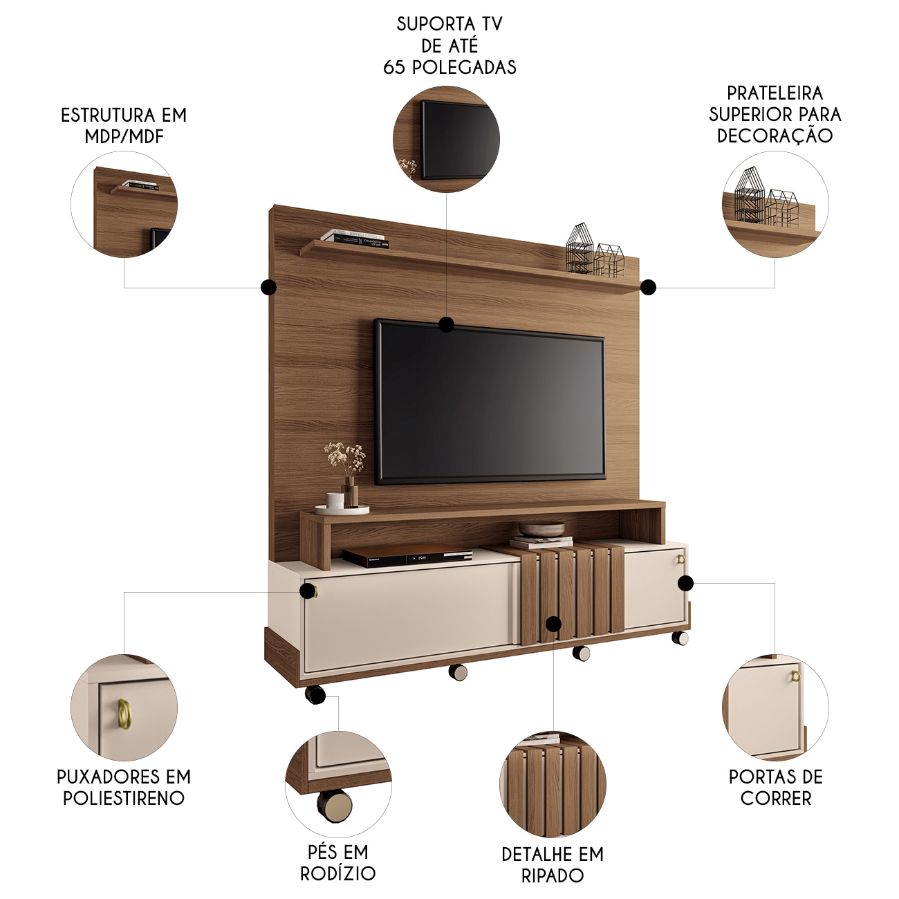 Estante Painel de TV 65 Pol 180cm 2 Portas Bold Castanho/Off White - HB Móveis