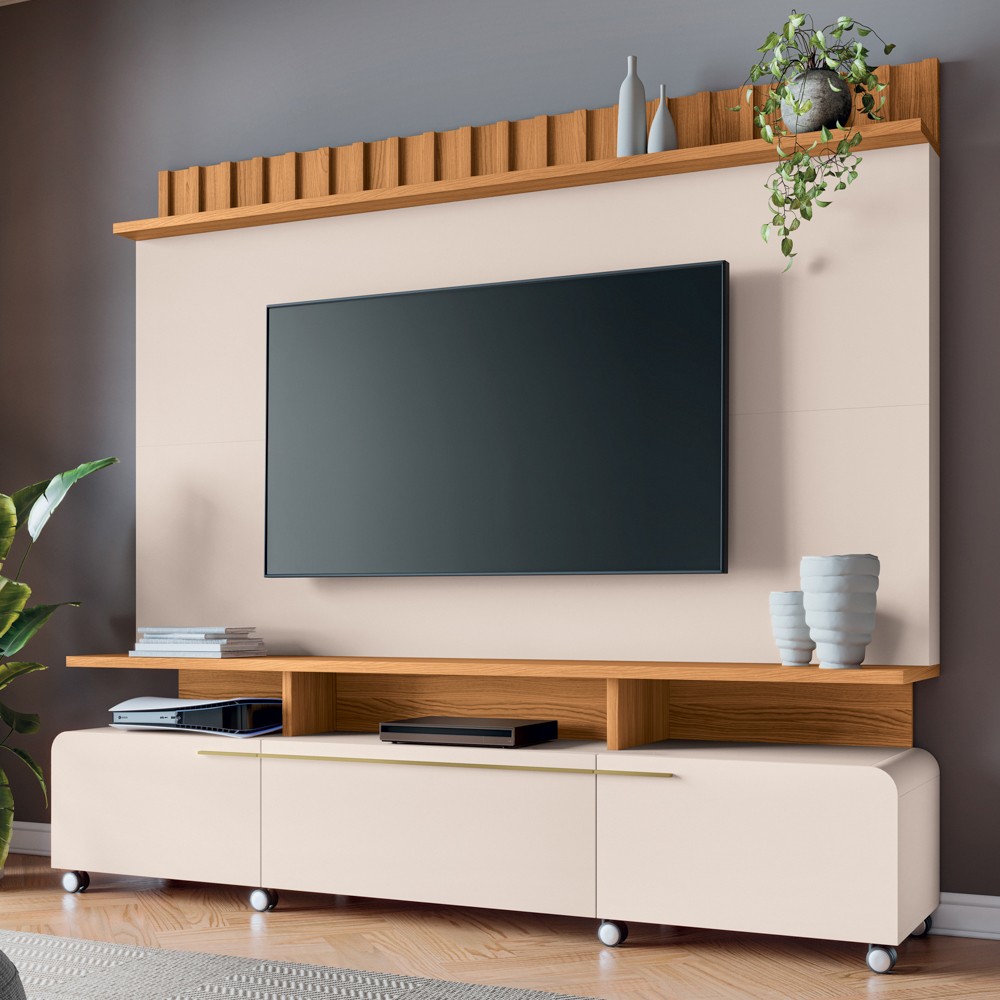 Estante Painel de TV 70 Pol 200cm Ripado Artis Off/Cinamomo - HB Móveis