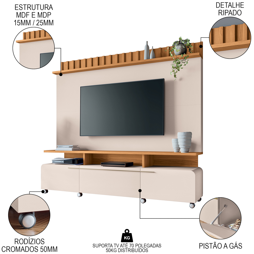 Estante Painel de TV 70 Pol 200cm Ripado Artis Off/Cinamomo - HB Móveis
