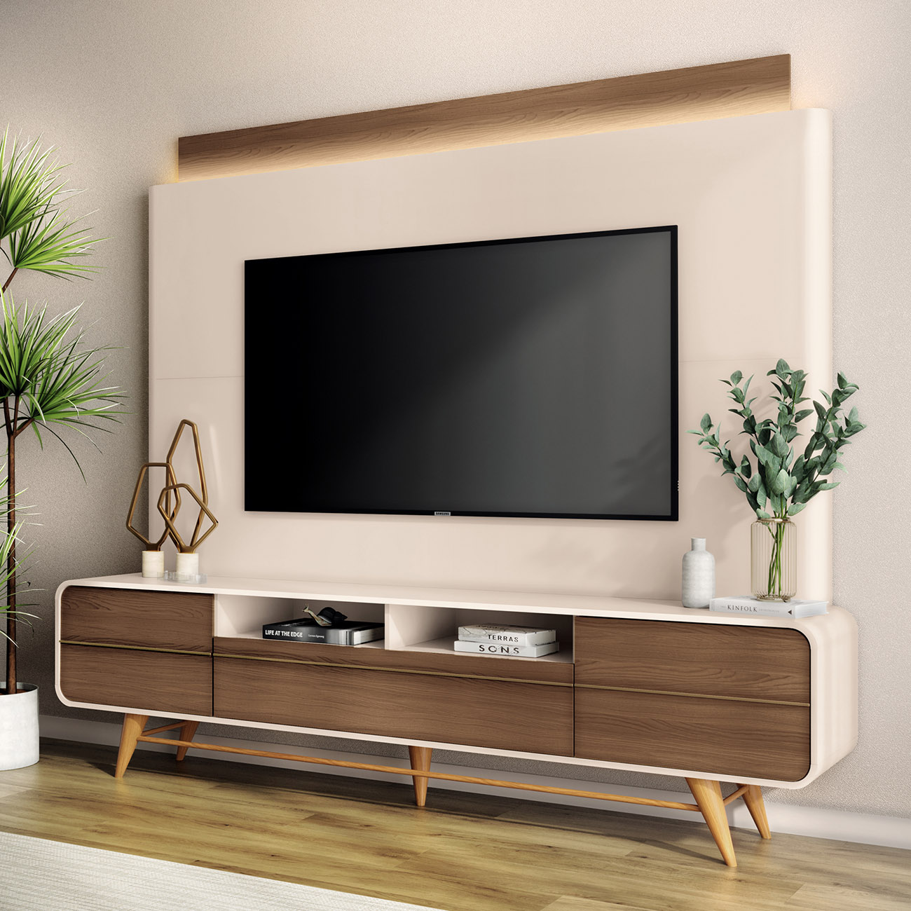 Estante Painel de TV 85 Pol 220cm Nobre Castanho/Off White - HB Móveis